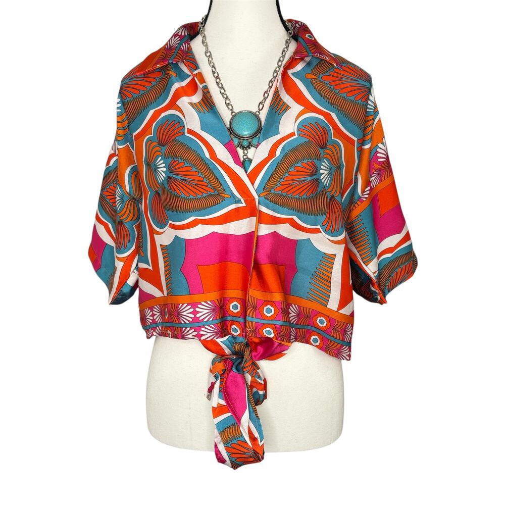 Peach Love California Blouse Womens Medium Retro Boho Tie Front Cropped Top
